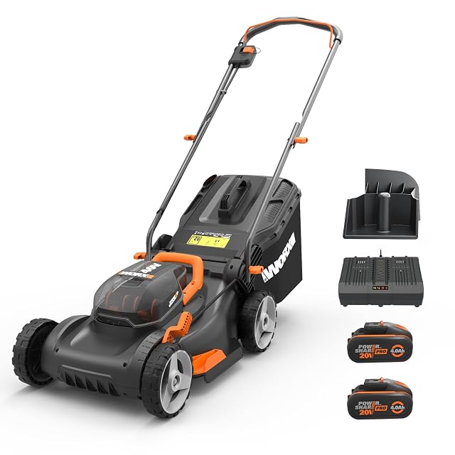 WORX WG743E cordless lawnmower with a 40 cm deck and two PowerShare battery packs