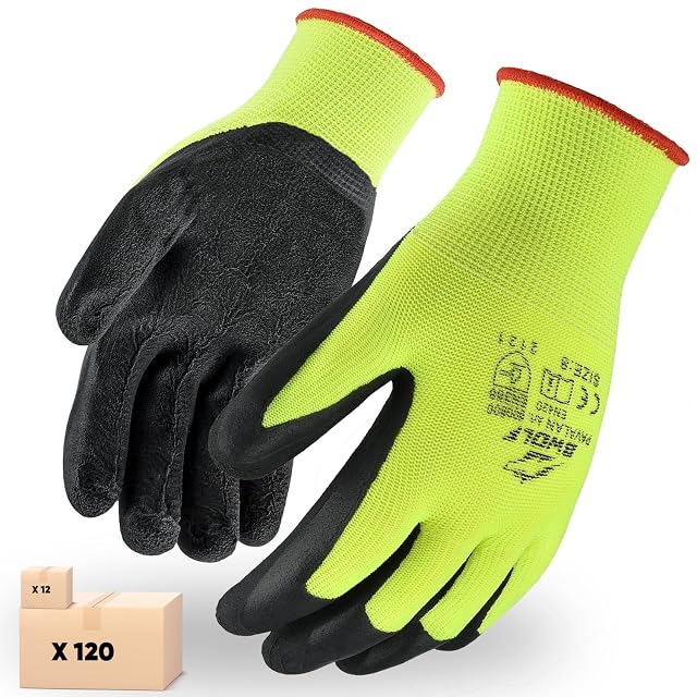 Twelve pairs of yellow work gloves with black latex palms