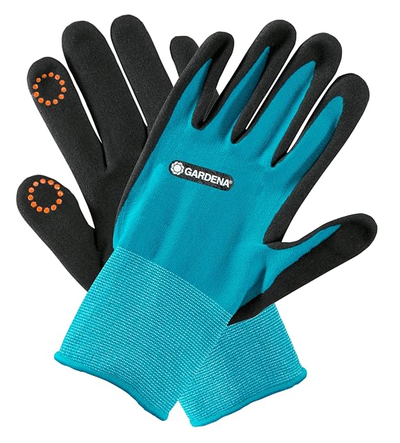 Garden planting glove with nitrile palm and touchscreen fingertips