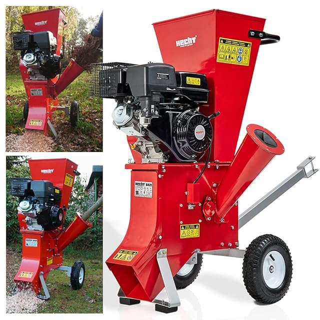 HECHT petrol garden shredder with a 389 cc engine, two hoppers and pneumatic tyres