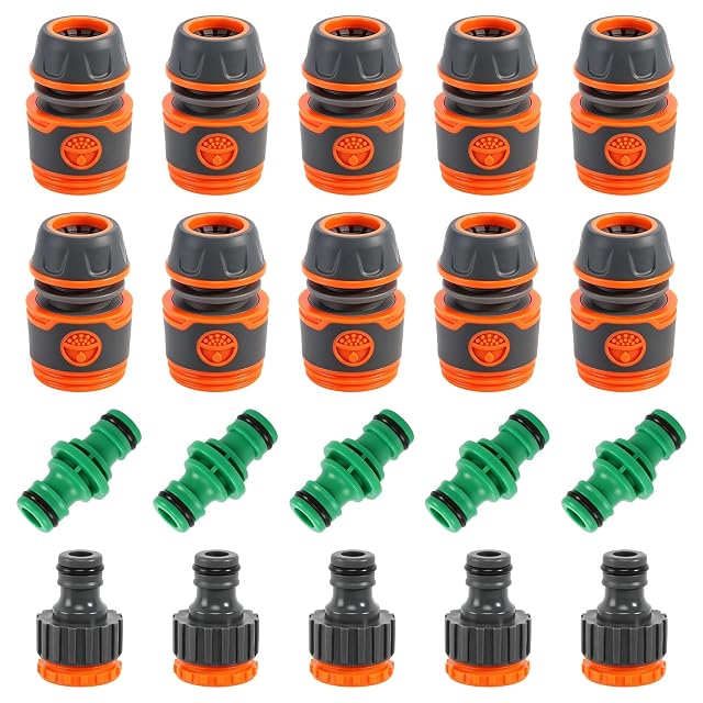 Twenty-piece garden hose fitting set with connectors and adapters