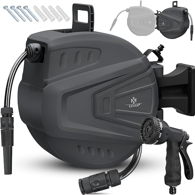 Anthracite wall-mounted automatic hose box with spray gun