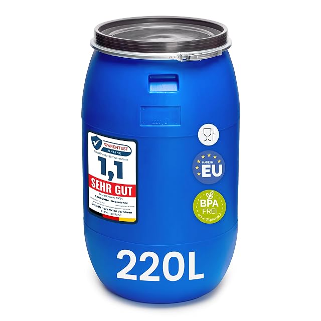 Blue 220 litre wide-neck HDPE barrel with metal clamping ring