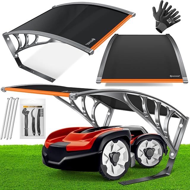 KESSER robot mower garage in black and orange with a polycarbonate roof