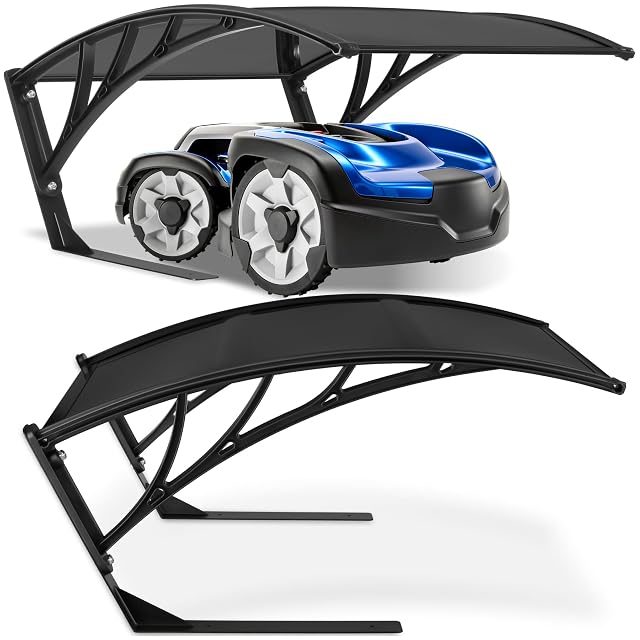 tectake robot mower garage in black steel with a curved polycarbonate roof
